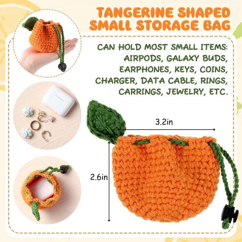 Lyrow Store 2 Pcs Small Crochet Purses Handmade Cute Coin Purse Tangerine Shaped Storage Bag Mini Drawstring Change Pouch Knitting Woven Wallet for Women Keychain Earbuds Dice, Orange and Yellow - Image 2
